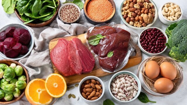 Assortment of high-protein foods including raw beef, liver, eggs, nuts, beans, lentils, leafy greens, broccoli and citrus