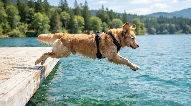 Golden dog wearing black harness jumps off wooden dock into clear blue lake jumping water