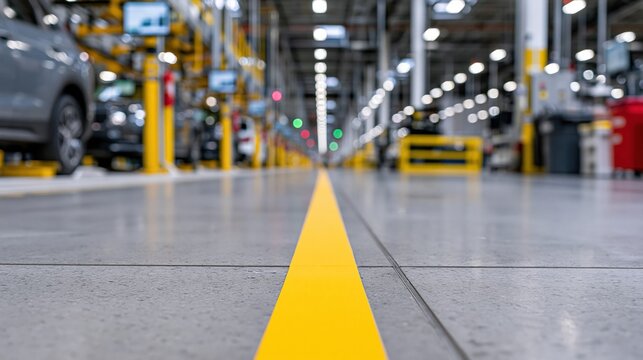 Modern Automotive Manufacturing Assembly Line with Yellow Safety Guidance Floor Marking