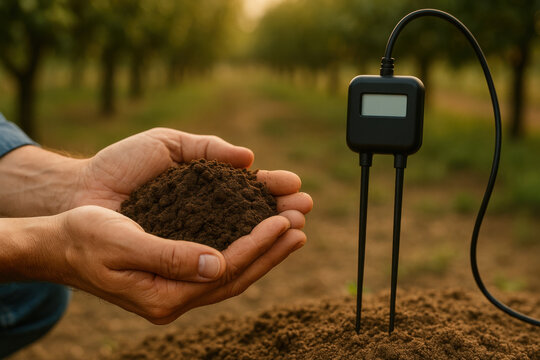 Farmer hand holding dark fertile soil near digital sensor probe with blurred orchard background, sustainable agriculture and smart farming concept