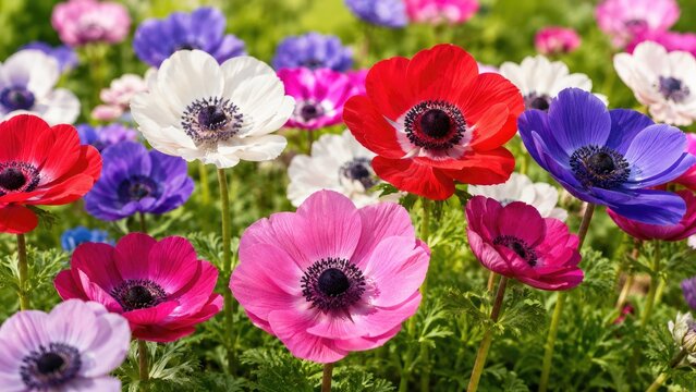 Vibrant close-up of colorful anemone flowers blooming in a sunlit garden meadow