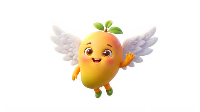 Cute cartoon mango character with white wings waving hello