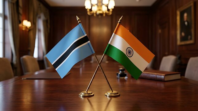 Botswana and India Small Desk Flags on a Wooden Table for Diplomatic Meeting or Cooperation Concept