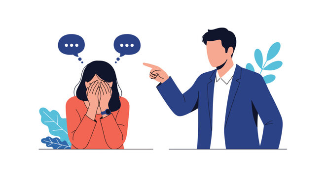 Angry man pointing a finger at a crying woman who is covering her face during a difficult emotional argument or conflict situation.