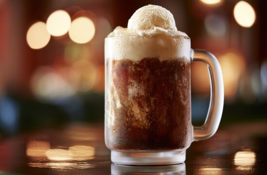 Root beer float in a frosted glass mug topped with vanilla ice cream and bubbly foam
