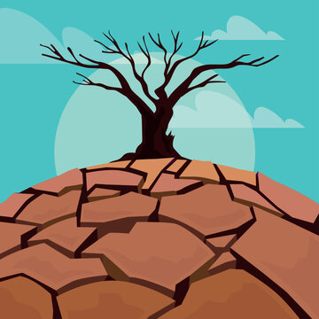A striking illustration of a barren tree standing on cracked, drought-stricken land, symbolizing climate change, global warming, water scarcity, desertification, and environmental degradation.
