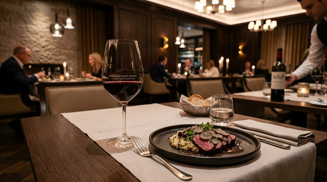 Elegant restaurant setting with a gourmet dish and a glass of red wine on a dark wooden table, capturing a sophisticated evening dining experience