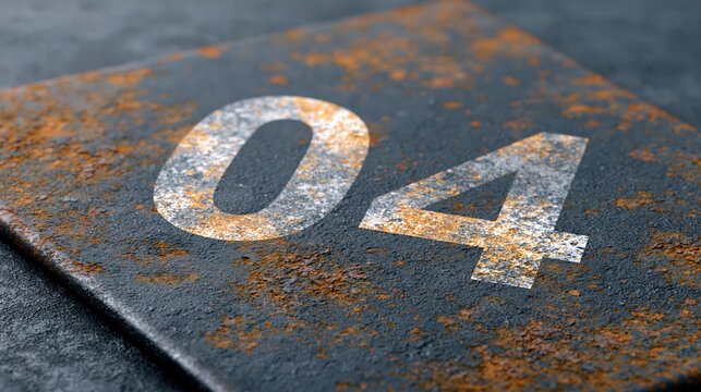 Close-up of a weathered metal plate with the number 04 etched in white, showing rust and textured surface