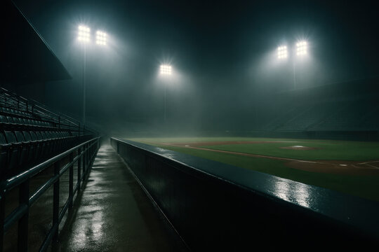 Foggy baseball stadium at night with bright floodlight illuminating wet field, empty dugout area, and glistening bleacher seats under dramatic mist