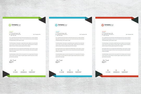 A premium corporate letterhead template set featuring three modern color variations with stylish corner accents and a clean, professional layout
