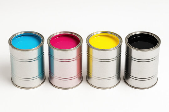 Four paint can with cyan, magenta, yellow, black color standing on white background, representing print color concept and ink mixing