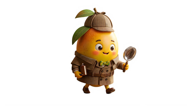 Cute cartoon mango character dressed as a detective holding a magnifying glass