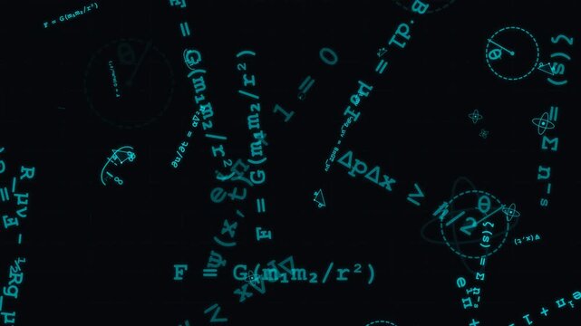 Abstract Science Background with Physics Formulas Mathematical Equations and Atomic Models on Dark Blue Grid Pattern for Education and Technology