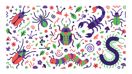 Fototapeta premium Colorful Flat Vector Insects and Bugs Pattern Illustration