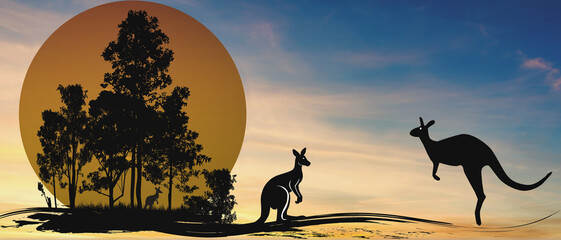 Kangaroo silhouette at sunset in Australian outback with gum tree © electra kay-smith