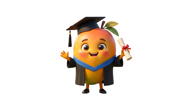 Cute cartoon mango character wearing graduation cap and gown holding a diploma