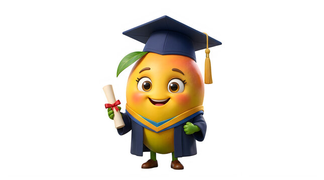Cute mango fruit character wearing a graduation cap and gown holding a diploma scroll