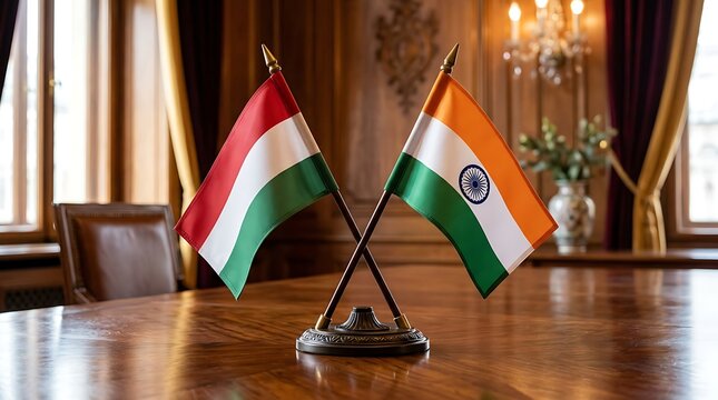 Hungary and India National Flags on Wooden Table for International Diplomatic Meeting and Cooperation