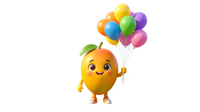 Cute cartoon mango fruit character holding a bunch of colorful balloons for a party celebration