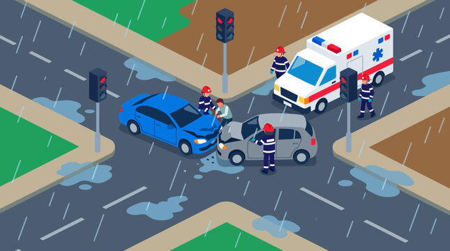 Emergency responders attend to a vehicular accident at an intersection during a rainstorm.