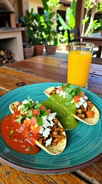Two molletes with red and green sauce, cheese and cilantro. Served with a glass of orange juice. Outdoor cafe setting with plants and a wood table.