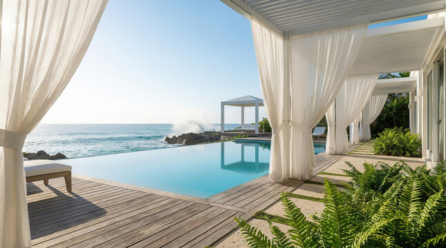 Hyper-realistic 8K architectural photography of a luxurious modern infinity pool villa overlooking a crystal-clear turquoise ocean. Minimalist white architecture with an elegant gazebo,