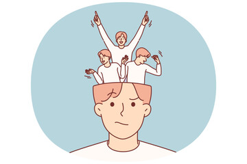 Man external calm hides joy and euphoria, in form of little people dancing inside head