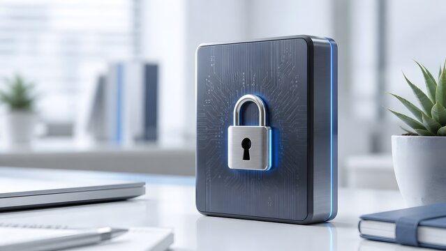 Sleek metallic external hard drive with glowing blue padlock icon symbolizing encrypted data storage and secure hardware protection in an office setting.