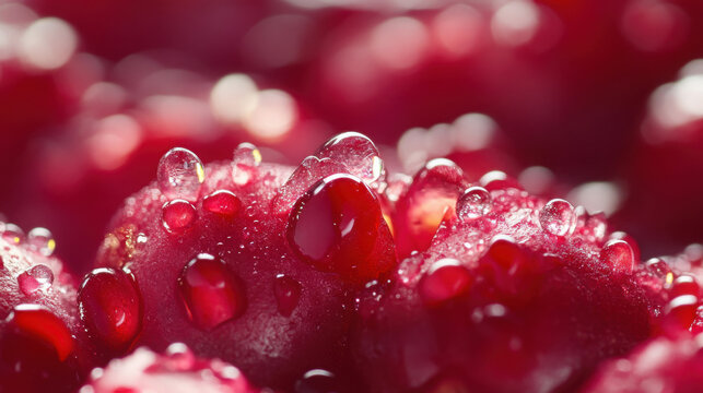 Pomegranate arils glisten with fresh morning dew in this extreme close-up macro shot.