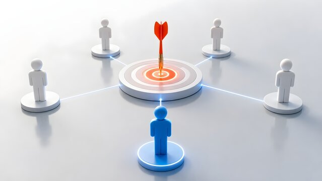 Personalized marketing and individual customer focus concept showing a distinct blue 3D figure targeting a bullseye with a red dart.