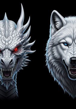 Fiery Dragon & Ice Wolf: Epic Digital Art - Intense Gaze, Dark Contrast