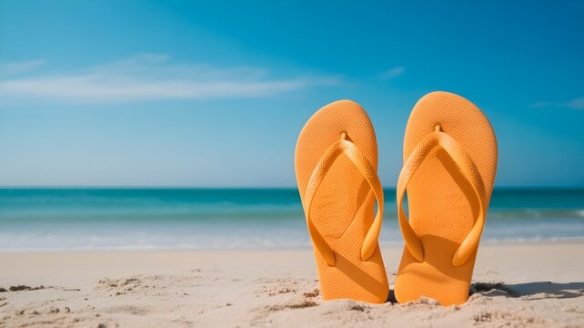 Bright orange flip flops standing on a sandy beach during a sunny summer bank holiday vacation