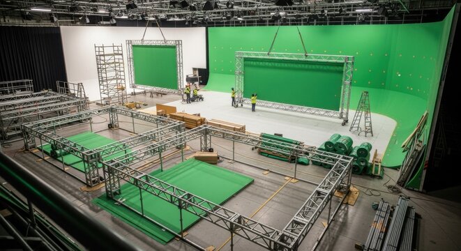 Elevated view of large studio floor showing multiple greenscreen cyc wall frames in various assembly stages depicting scale of production.