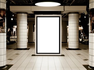 Obraz premium Blank Billboard Display in an Empty Urban Subway Station Entrance with Tiled Columns