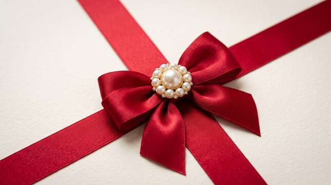 Festive Red Ribbon Cross With Decorative Bow And Pearl Embellishment On Light Background For Elegant Gift Wrapping Design
