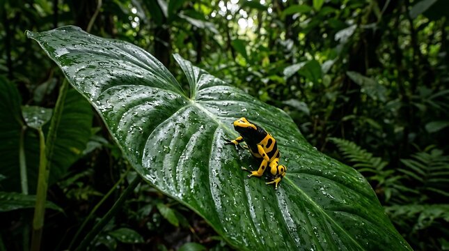 Poison dart frog on a wet leaf. Vibrant yellow and black amphibian in tropical rainforest.