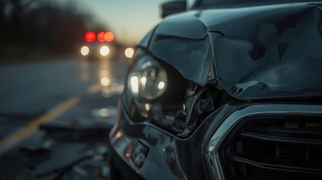 Crumpled front bumper headlight dented hood with blurred emergency lights in background