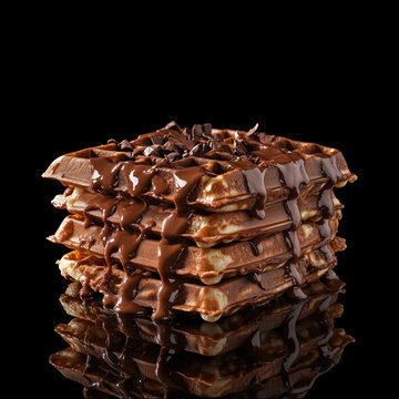 Stack of waffles covered in flowing chocolate isolated on black background with clipping path, concept of indulgence and sweetness
