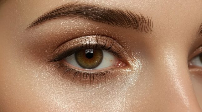 Sparkling metallic bronze eye makeup close up, luminous skin and hazel eye