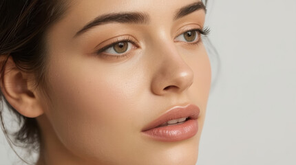 Fototapeta premium Fresh glowing skin close up portrait of natural youthful woman with neutral makeup