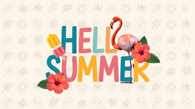 Colorful hello summer typography design with tropical flowers and a flamingo for a festive summer bank holiday background