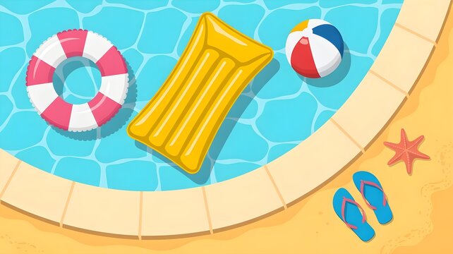 Top view illustration of swimming pool accessories for a relaxing summer bank holiday vacation at the resort