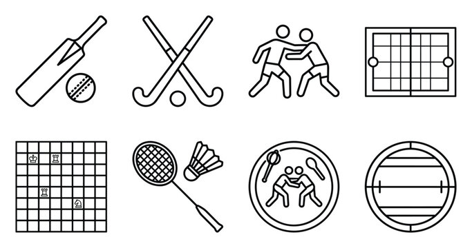 15 august india independence day national sports vector set, indian cricket bat hockey kabaddi tennis court badminton wrestling football line art icons for patriotic sporting heritage design