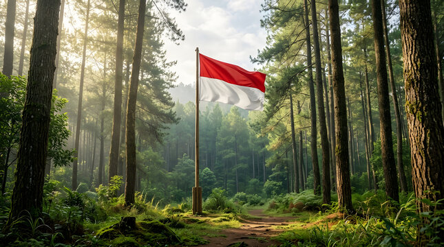 An Indonesian national flag waving proudly in the middle of a peaceful pine fores