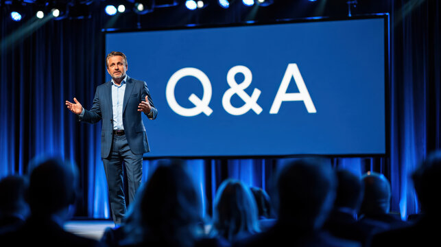 Question answer session corporate seminar stage presentation audience conference speaker blue screen discussion lecture meeting business event