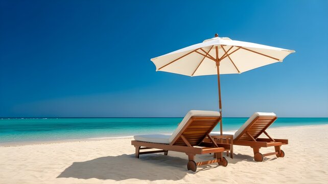 Two wooden sun loungers under a white umbrella on a tropical beach during a sunny summer bank holiday