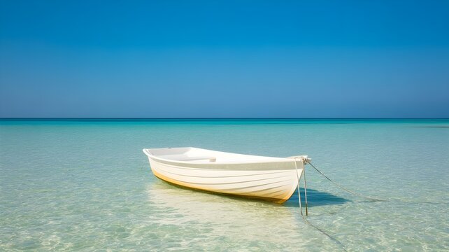 A peaceful wooden boat resting in clear turquoise water during a relaxing summer bank holiday vacation trip