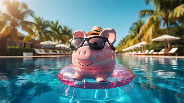 A cute piggy bank wearing sunglasses and a straw hat relaxing on a float during summer bank holiday