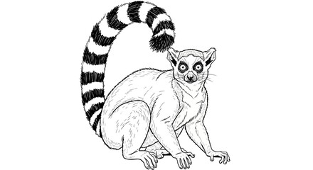 Black and White Line Art Sketch of a Ring-Tailed Lemur with a Curved Long Tail © Mz