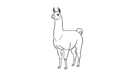 Standing llama line art sketch isolated on white background full view © Mz